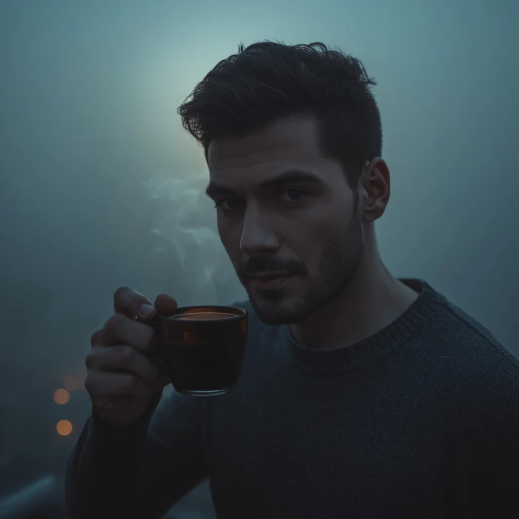 Man's Moody Rooftop Coffee Reflection — AI image prompt