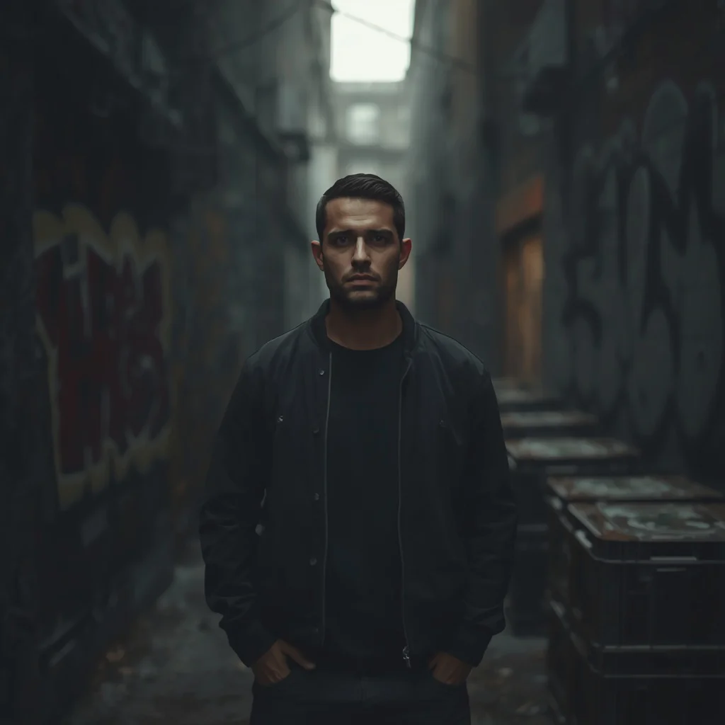 Man's Moody Urban Alleyway Portrait — AI image prompt