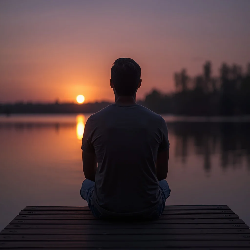 Man's Reflective Dockside Sunset Portrait — AI image prompt