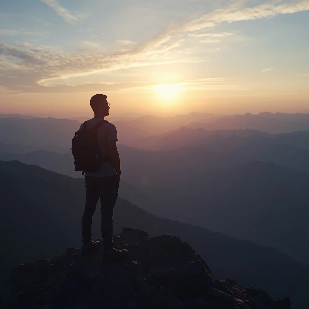 Man's Serene Mountain Peak Contemplation — AI image prompt