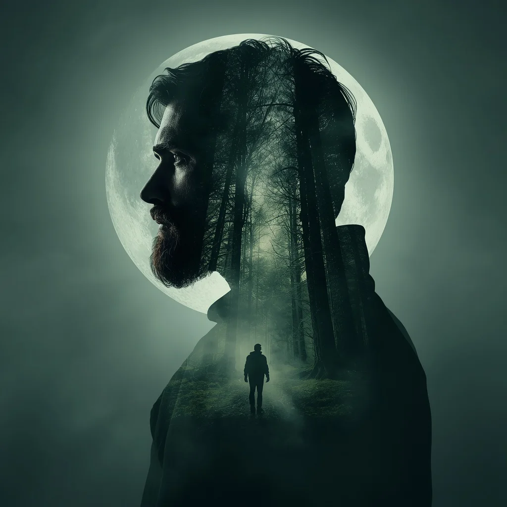 Man's Soulful Silhouette Against an Enchanted Moonlit Forest — AI image prompt
