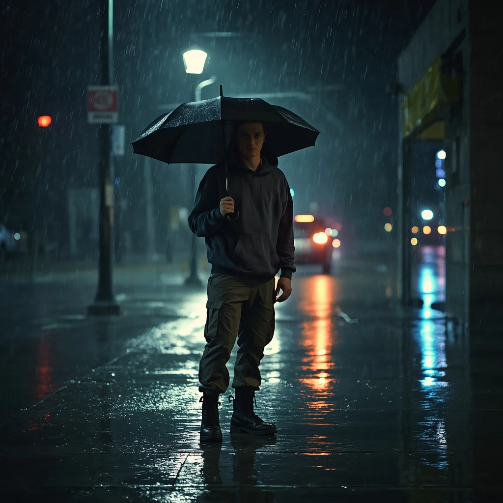 Midnight Wanderer: A Man's Solitary Journey Through a Rainy City — AI image prompt