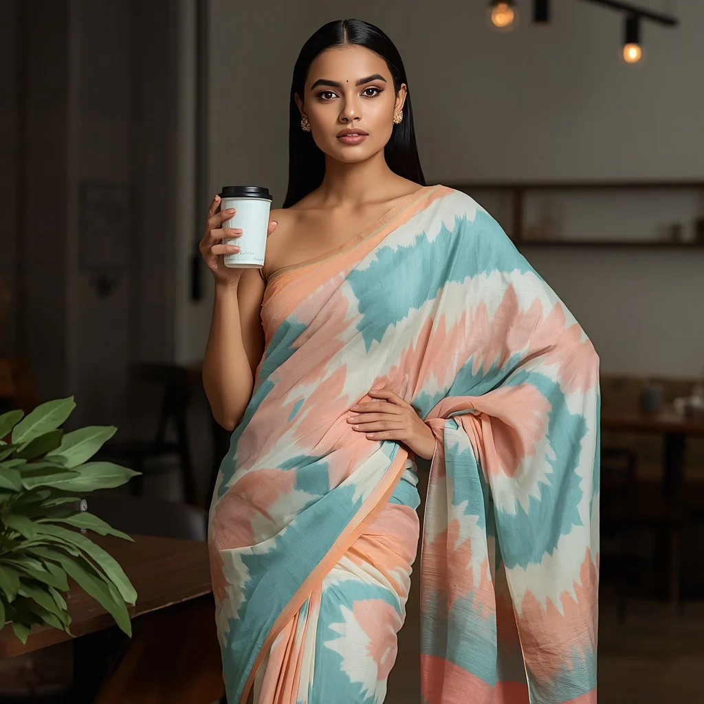 Modern Indian Woman with a Coffee Cup in a Pastel Ikat Silk Saree — AI image prompt
