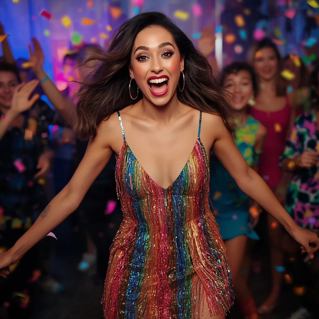 Playful Rainbow Fringe Mini Dress with Deep V-Neck for an Energetic Party — AI image prompt