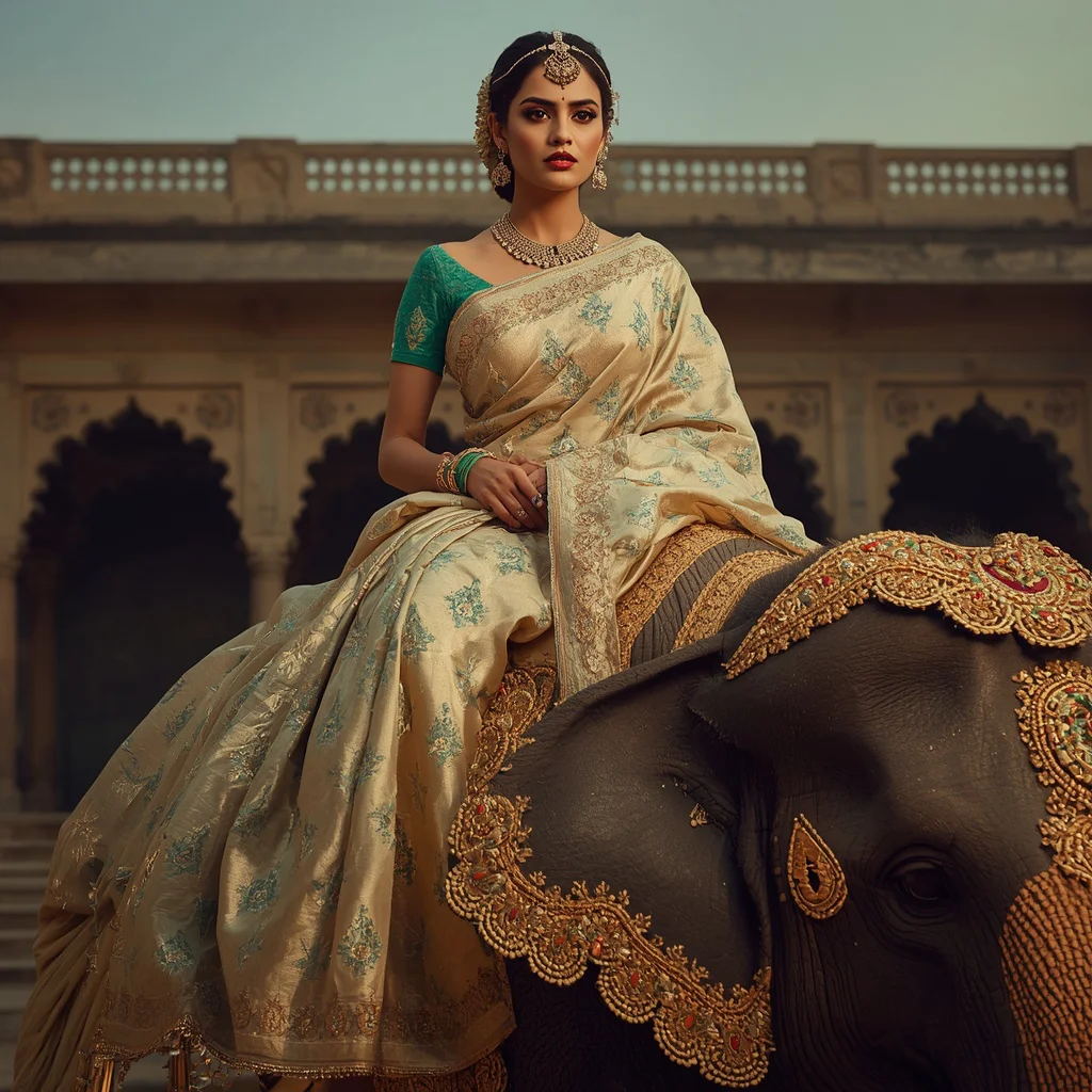 Regal Indian Woman on an Elephant in a Pastel Silk Brocade Saree — AI image prompt