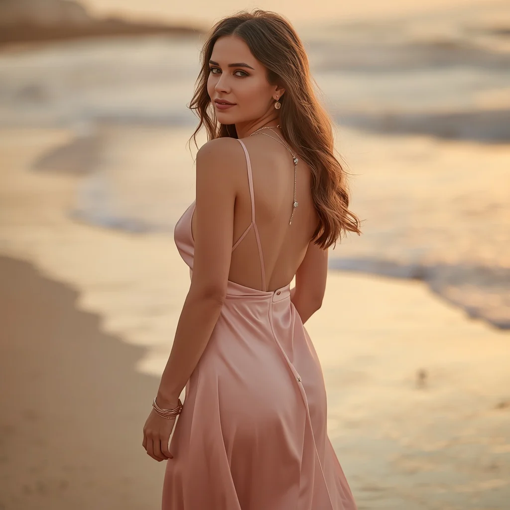 Romantic Blush Pink Silk Maxi Dress with Cowl Neck and Backless Detail for Evening — AI image prompt