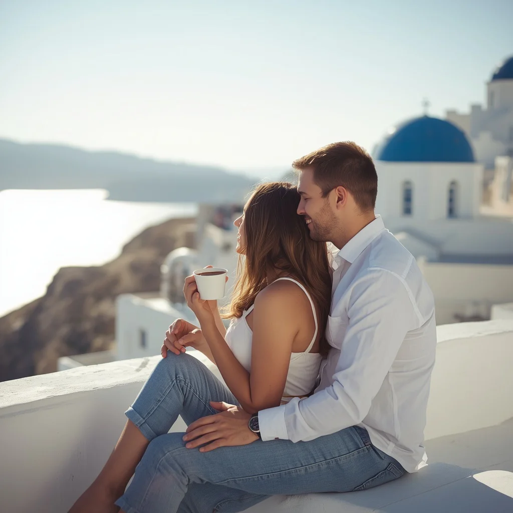 Romantic Couple Enjoying Coffee on a Balcony in Santorini — AI image prompt