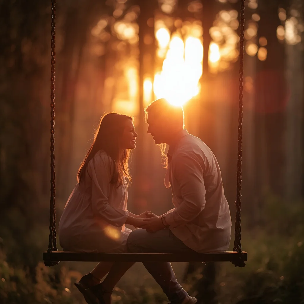 Romantic Couple Holding Hands on a Swing at Golden Hour — AI image prompt