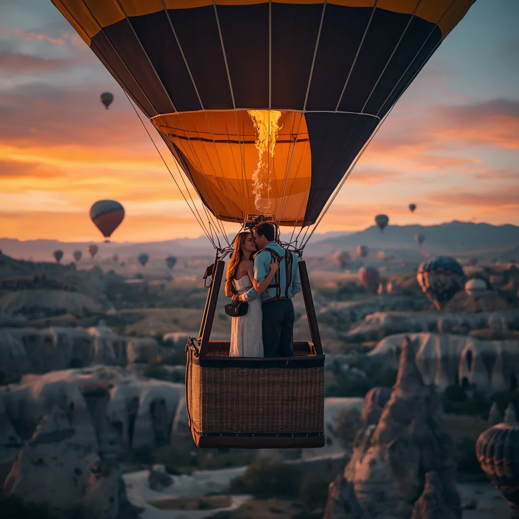 Romantic Couple in a Hot Air Balloon Over Cappadocia — AI image prompt