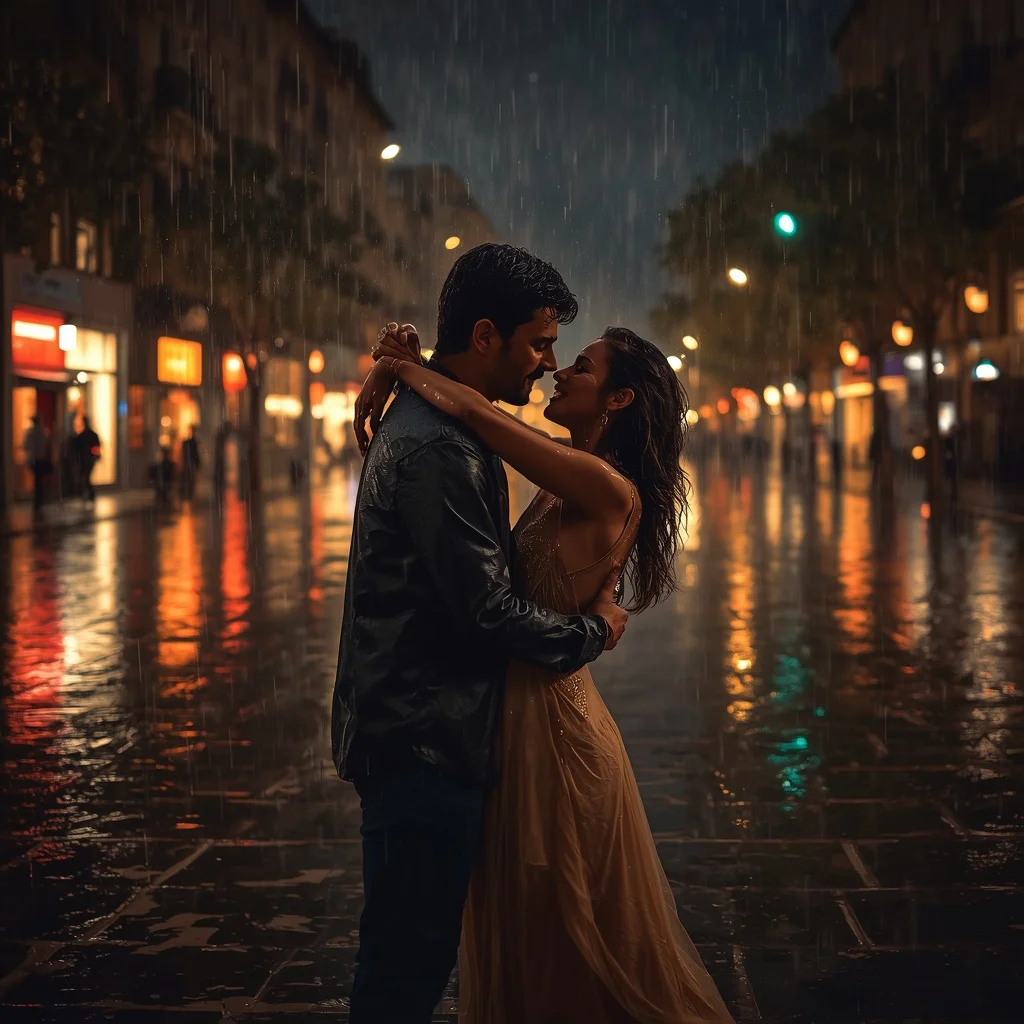 Romantic Couple Sharing an Intimate Dance in a Rainy City Square — AI image prompt