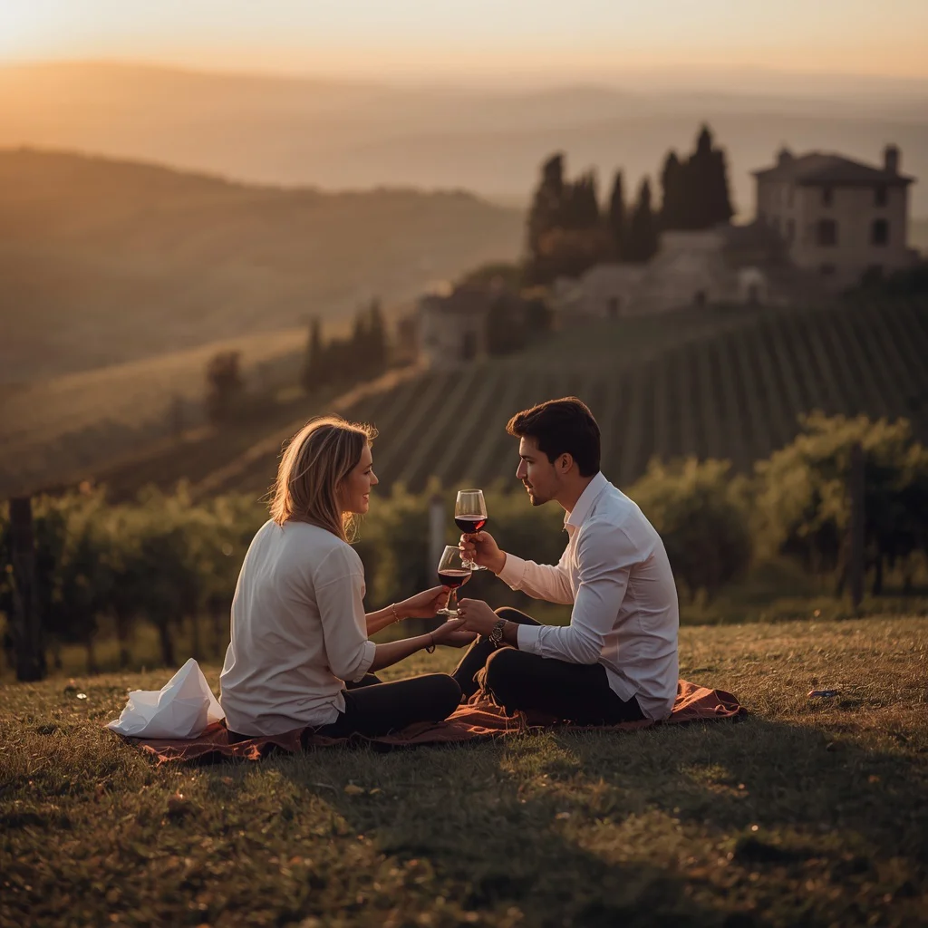 Romantic Couple Sharing Wine on a Tuscan Hillside — AI image prompt