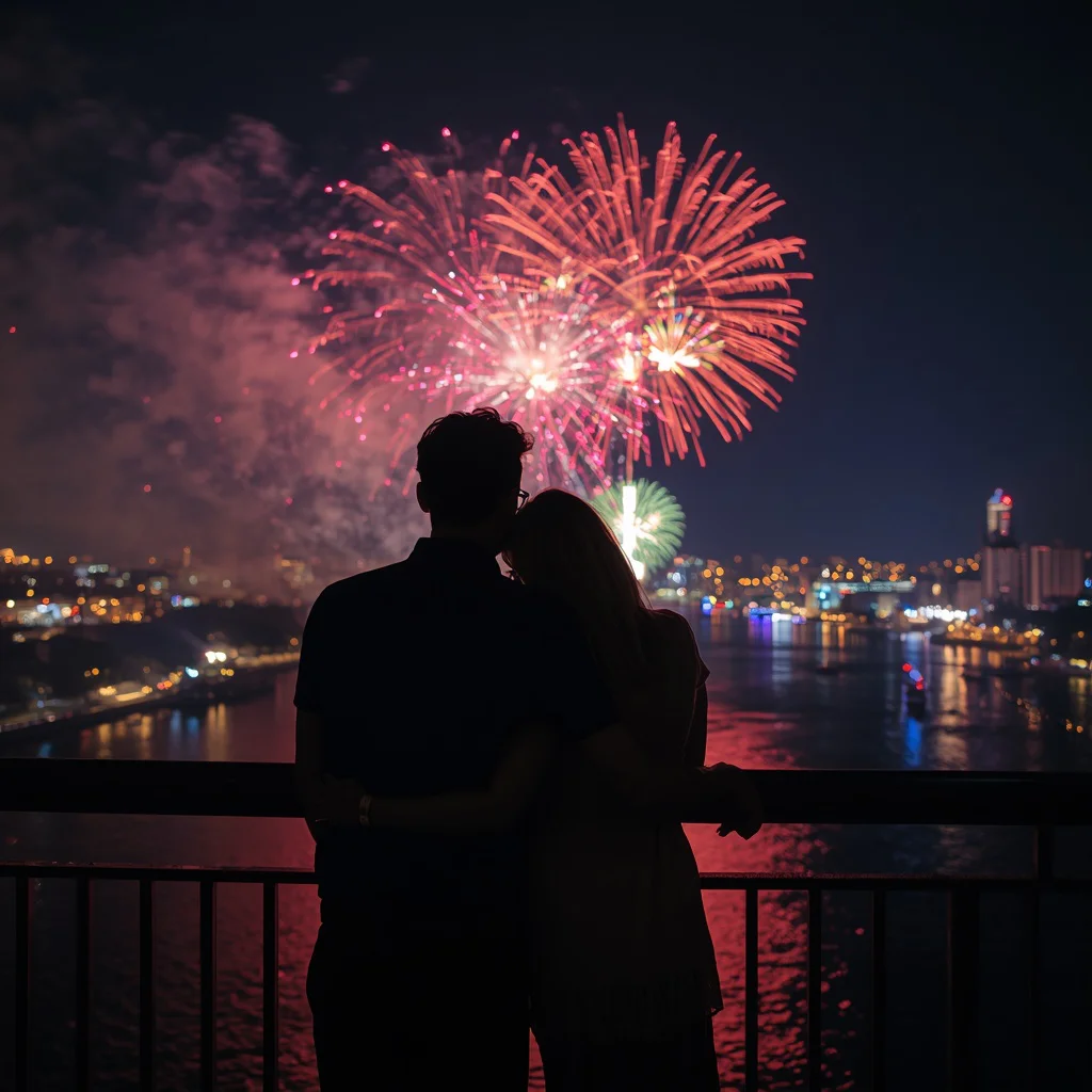 Romantic Couple Watching Fireworks Over a City at Night — AI image prompt