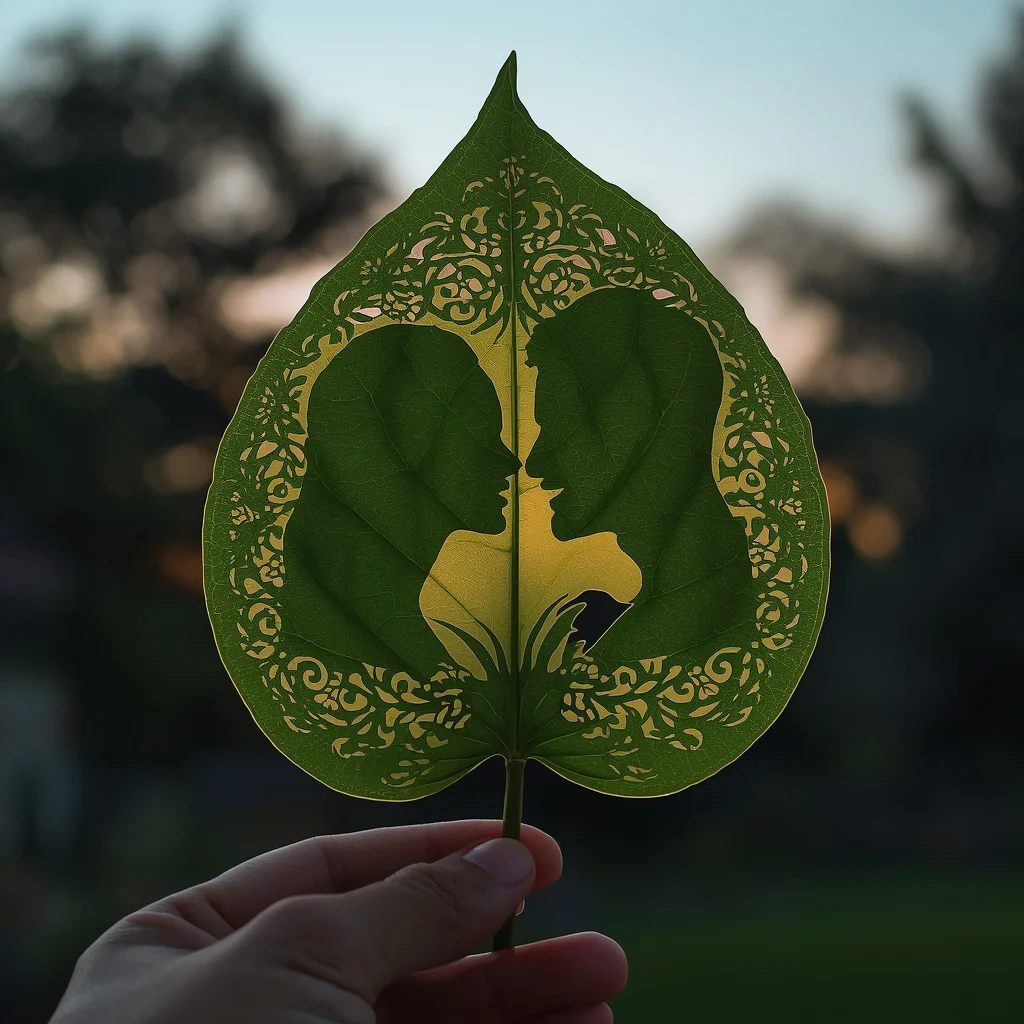 Romantic Leaf-Cut Silhouette: A Couple's Love in Nature — AI image prompt