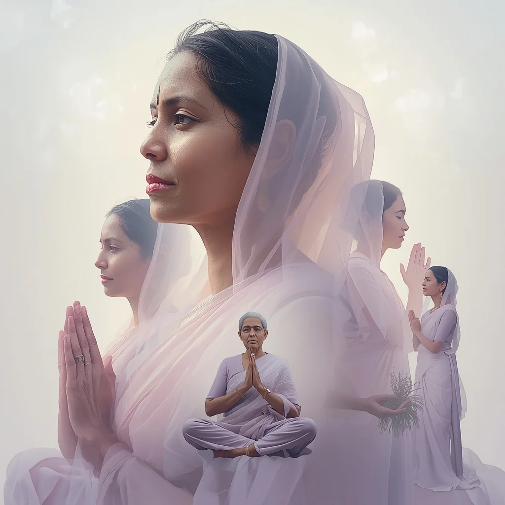 Serene Indian Mother's Meditative Journey Through Life Stages — AI image prompt