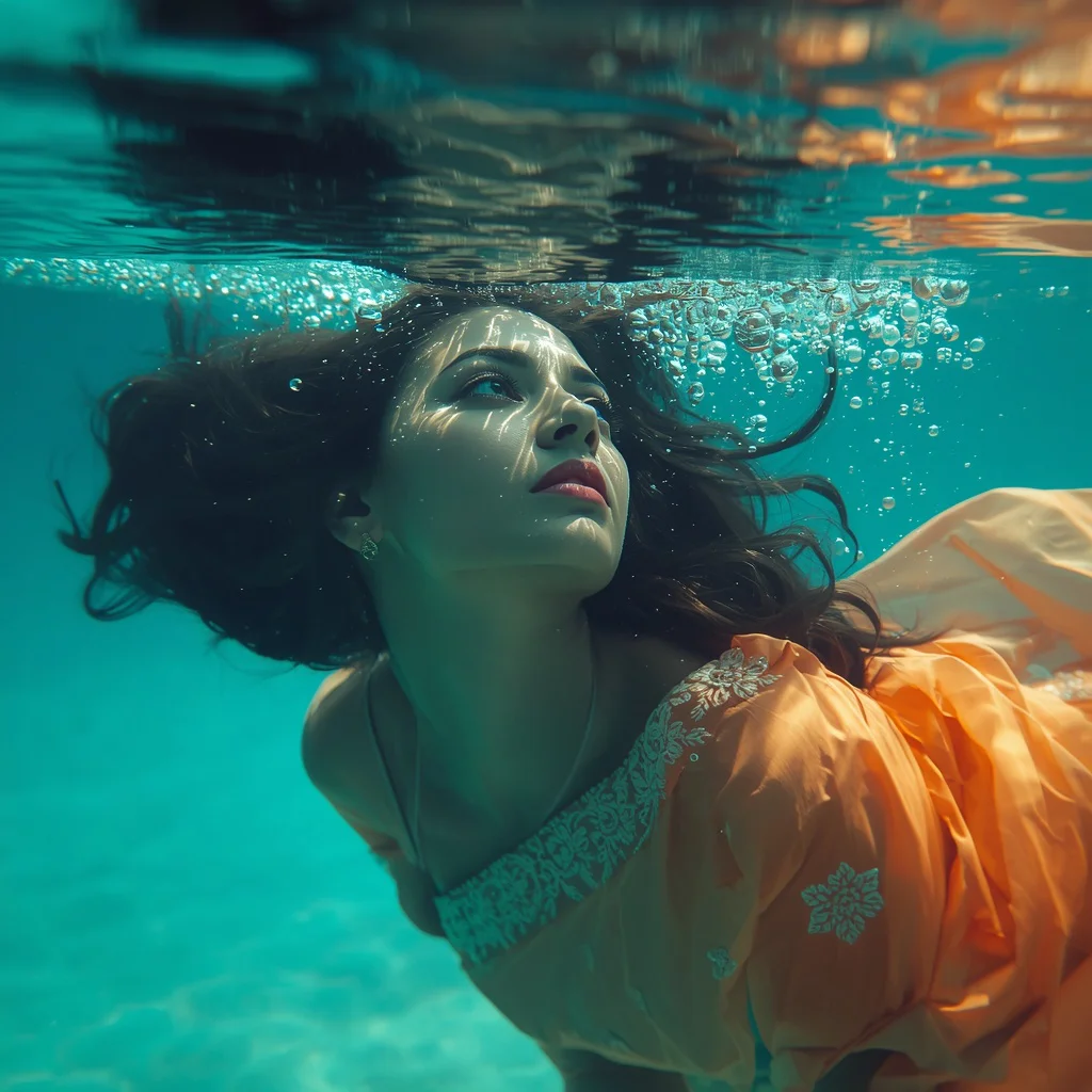 Serene Woman Submerged in Underwater Orange Saree — AI image prompt