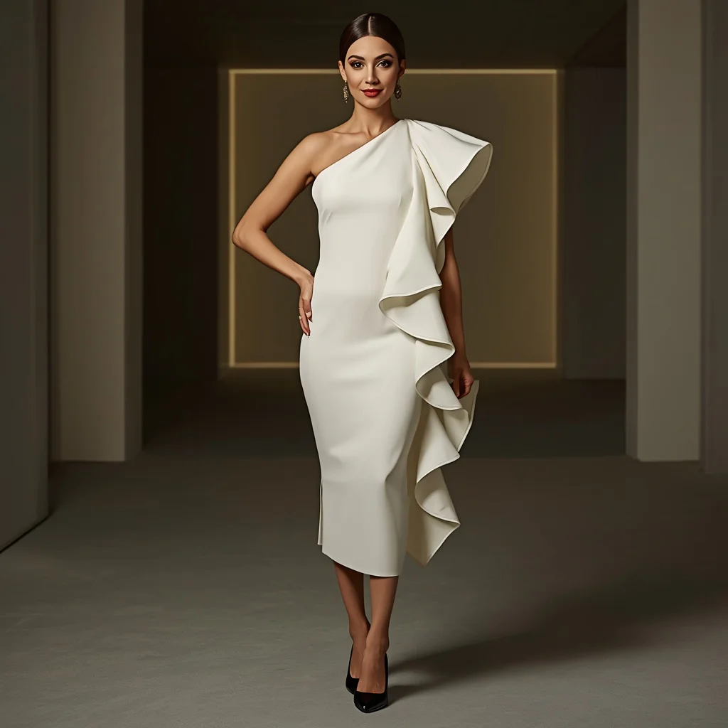 Sophisticated Ivory One-Shoulder Midi Dress with Dramatic Ruffles for a Gala Dinner — AI image prompt