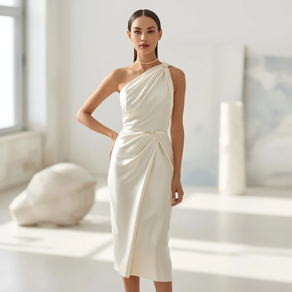 Sophisticated Ivory Satin Midi Dress with Asymmetrical Neckline for a High-Tea Event — AI image prompt