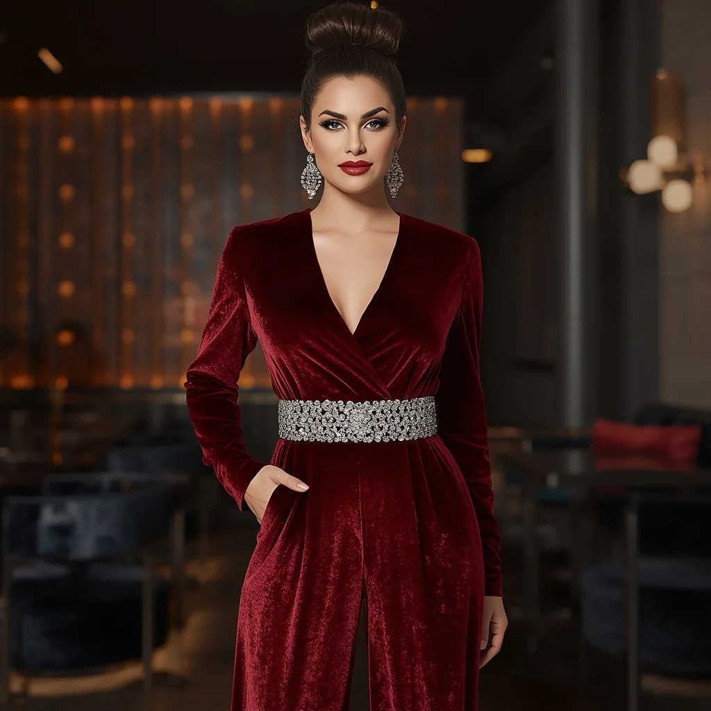 Sophisticated Maroon Velvet Jumpsuit with Wide-Leg and Embellished Waist for a Gala — AI image prompt