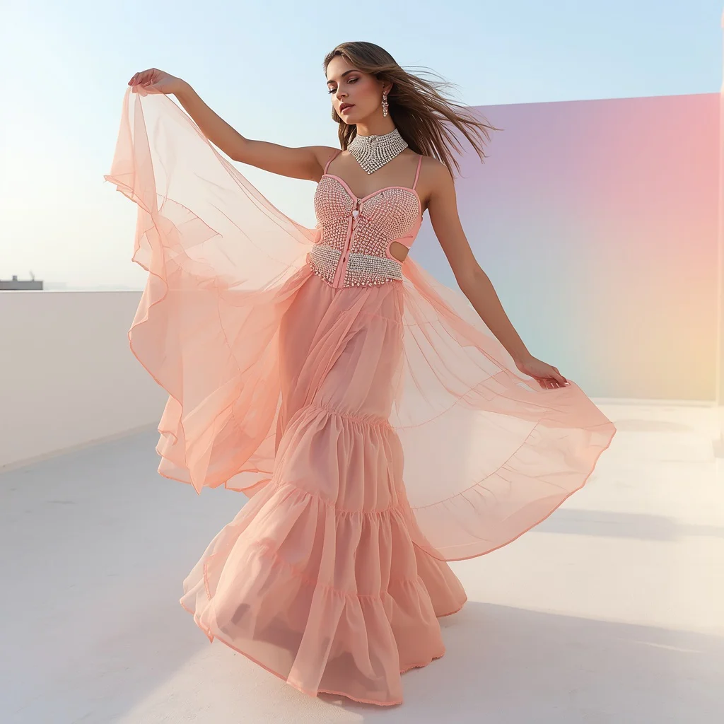 Stunning Full-Body Portrait of a Fashion Model in a Peach Ruffle Saree with Jewel Corset — AI image prompt