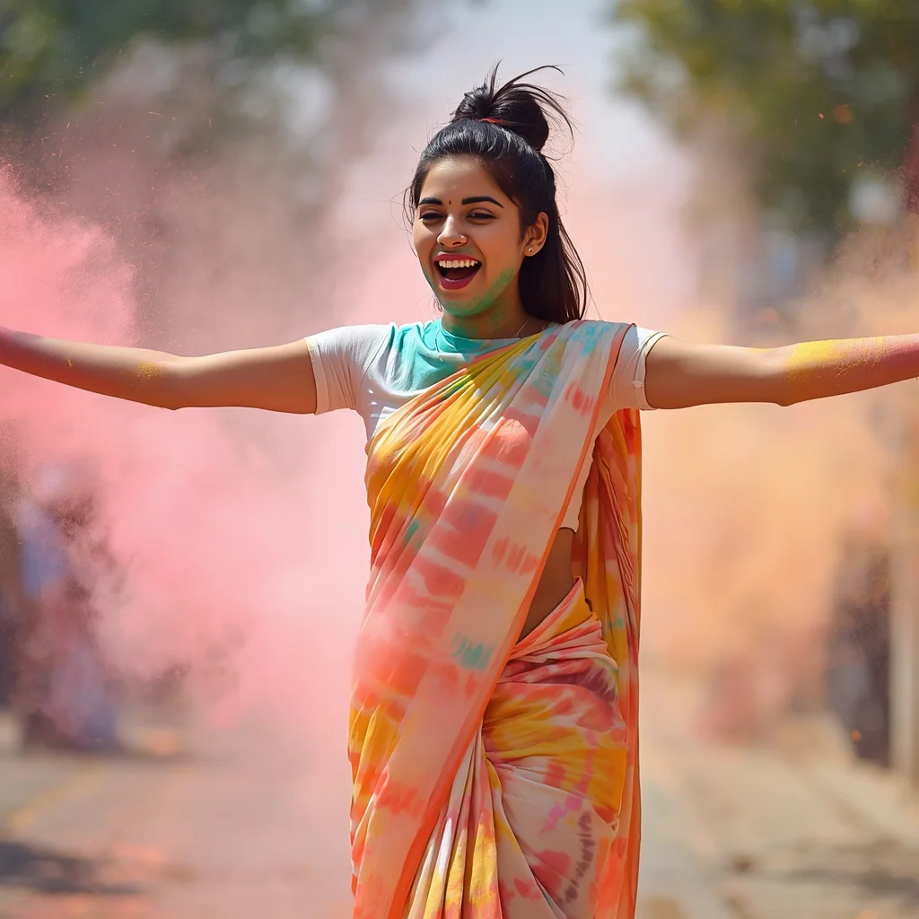 Vibrant Indian Woman Playing with Colors in a Pastel Tie-Dye Saree Joyfully — AI image prompt