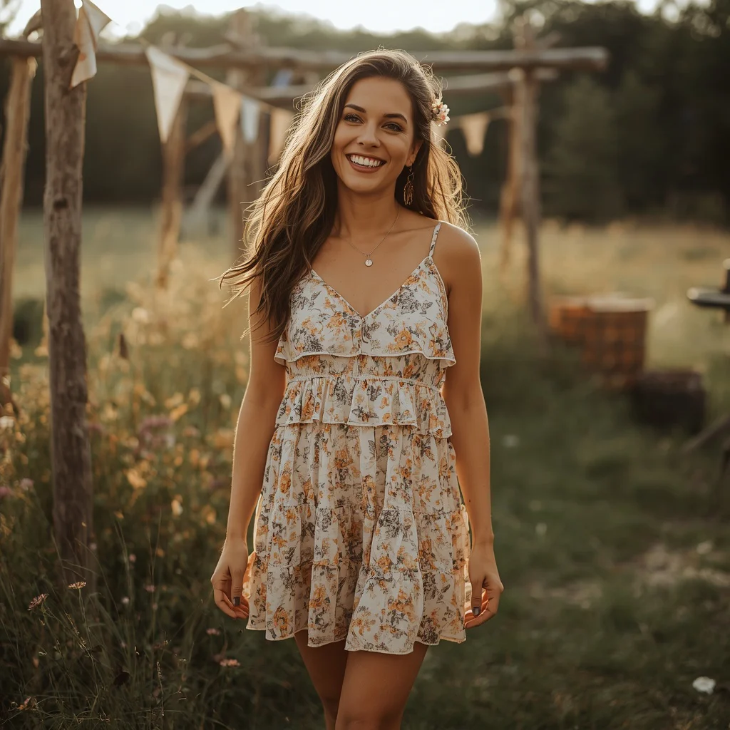 Western Party Charm in a Floral Tiered Mini Dress — AI image prompt
