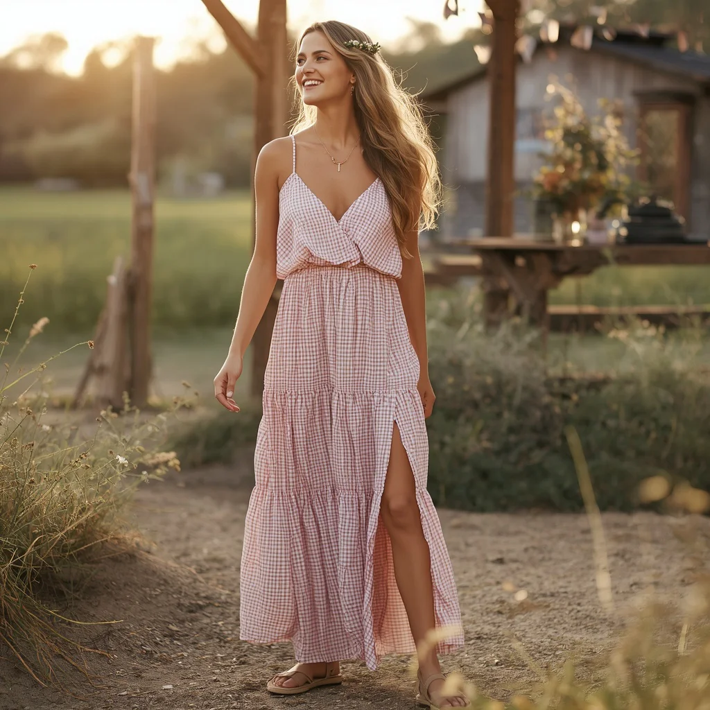 Western Party Charm in a Ruffled Gingham Maxi Dress with Slit — AI image prompt