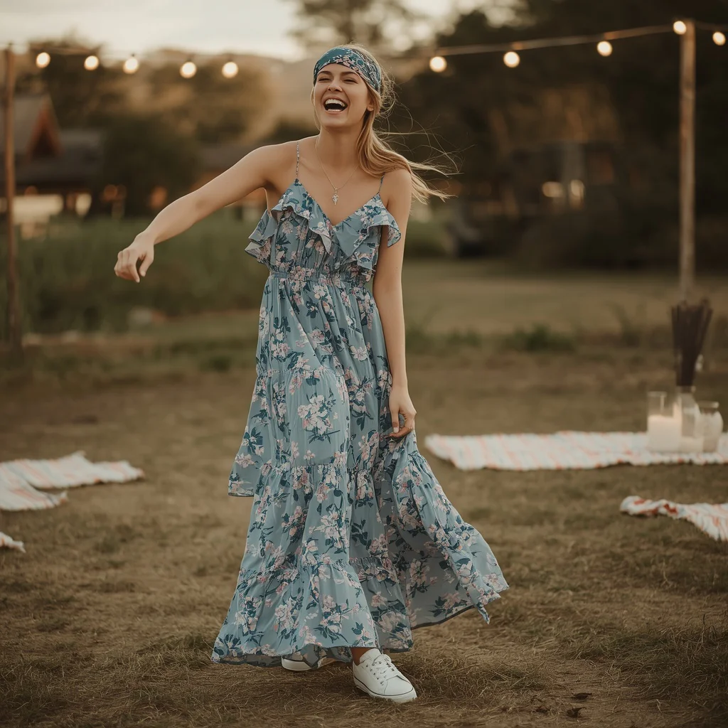 Western Party Fun in a Floral Tiered Maxi Dress with Ruffles — AI image prompt